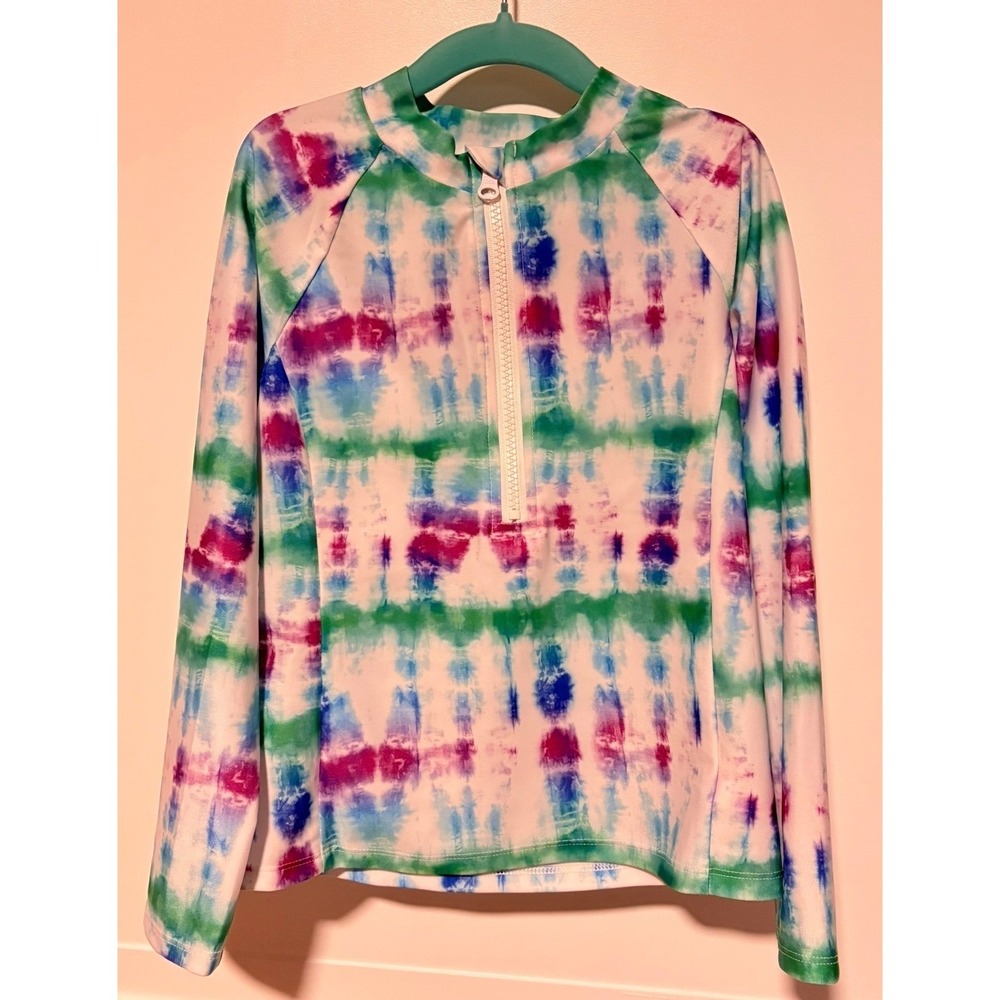 DSG Girls Long Sleeve Rash Guard Tie Dye Zip Front Swim Top Size Small 8-9
